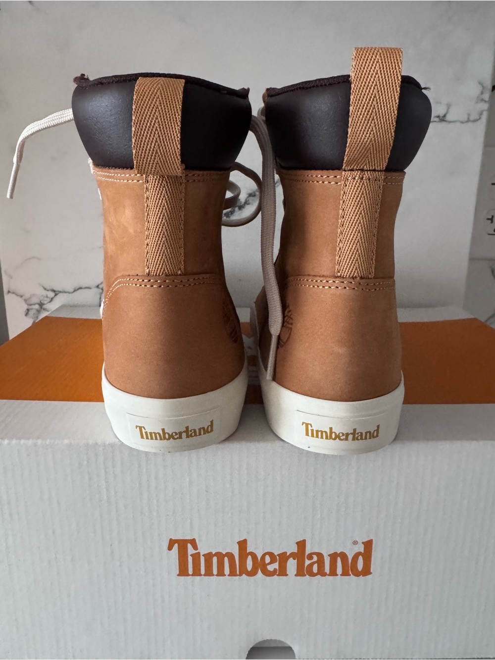 Timberland Tan Leather High-Top Sneakers with White Soles and Laces - Picture 6 of 6